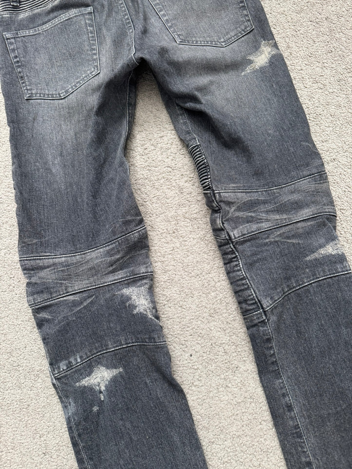 FW14 Balmain by Olivier Rousteing Padded Grey Zip Biker Denim Jeans