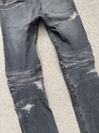 FW14 Balmain by Olivier Rousteing Padded Grey Zip Biker Denim Jeans