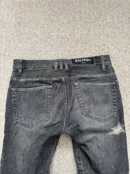 FW14 Balmain by Olivier Rousteing Padded Grey Zip Biker Denim Jeans