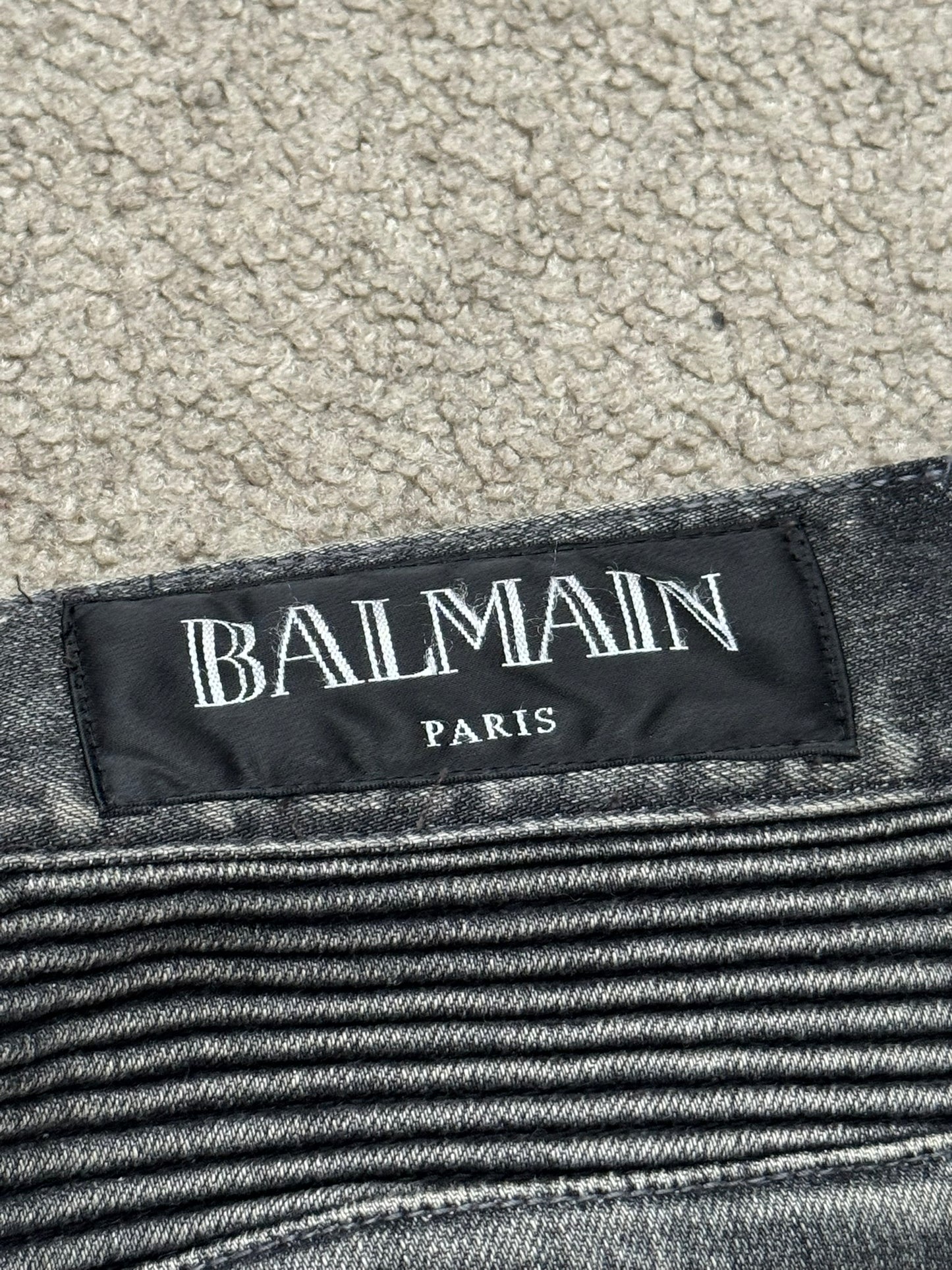 FW14 Balmain by Olivier Rousteing Padded Grey Zip Biker Denim Jeans