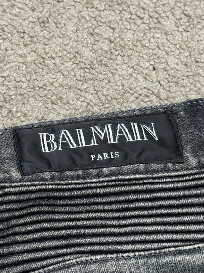 FW14 Balmain by Olivier Rousteing Padded Grey Zip Biker Denim Jeans