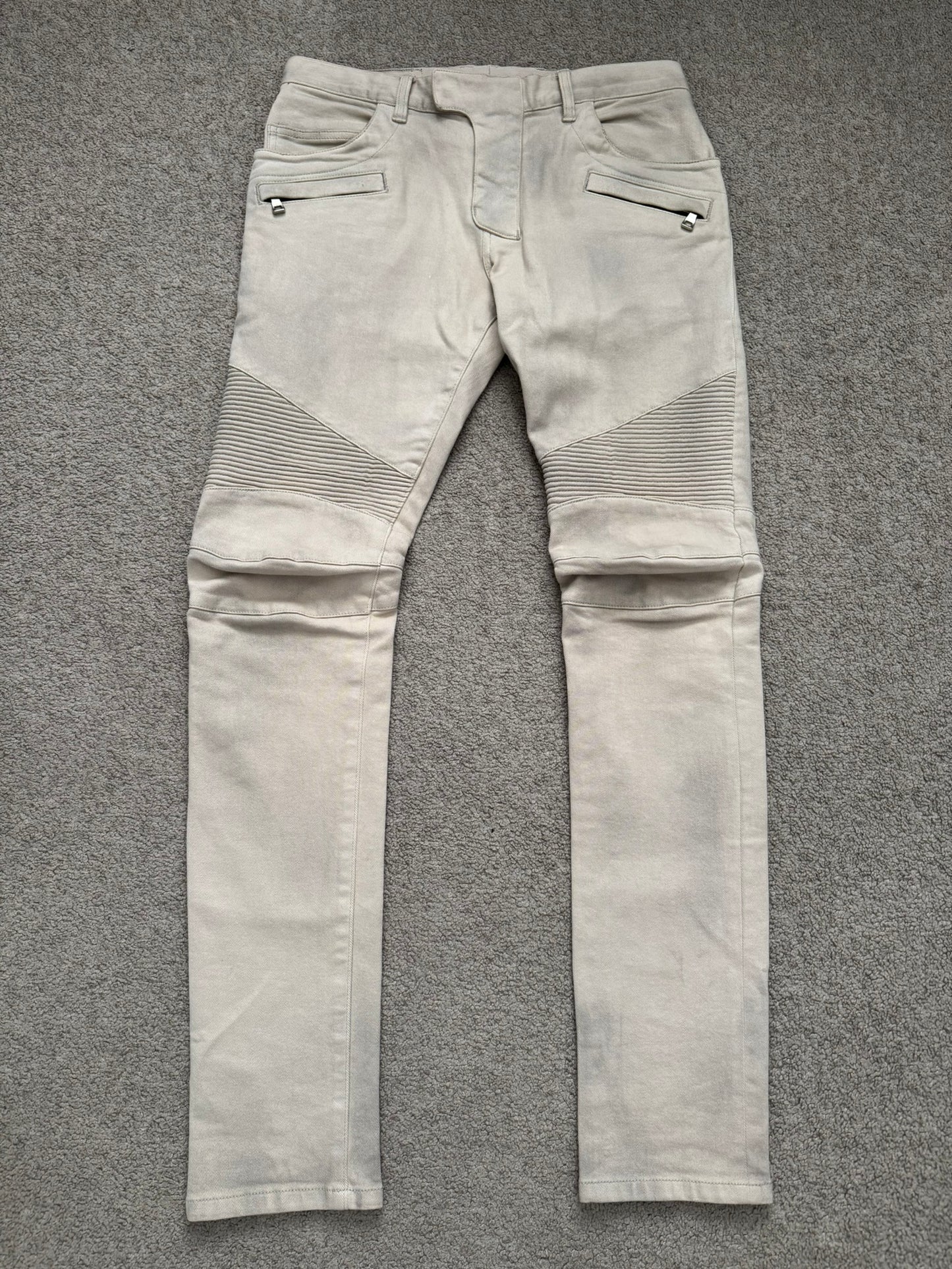 Balmain by Olivier Rousteing Dirty Beige Zip Biker Denim Jeans