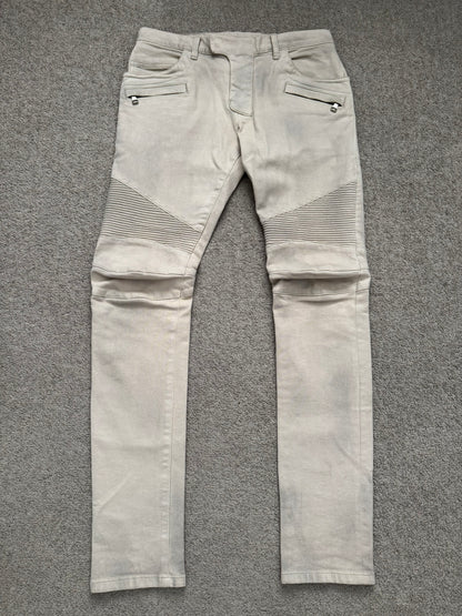 Balmain by Olivier Rousteing Dirty Beige Zip Biker Denim Jeans