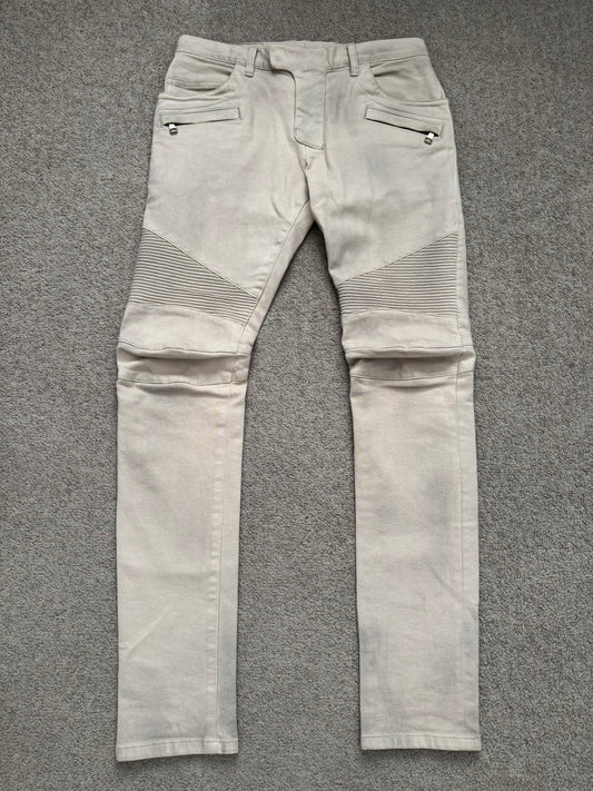 Balmain by Olivier Rousteing Dirty Beige Zip Biker Denim Jeans