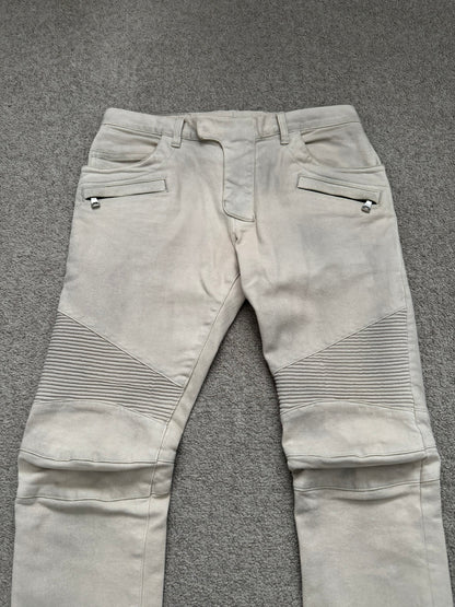 Balmain by Olivier Rousteing Dirty Beige Zip Biker Denim Jeans