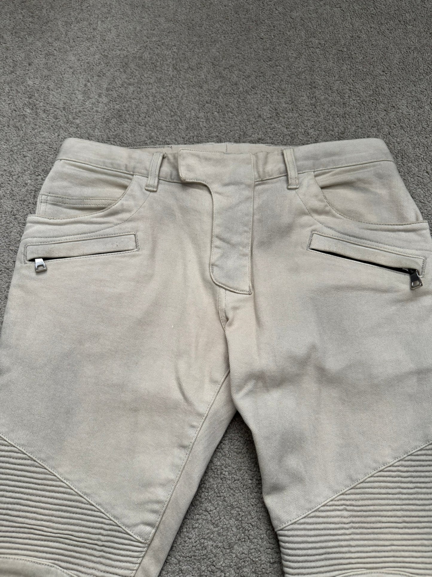 Balmain by Olivier Rousteing Dirty Beige Zip Biker Denim Jeans
