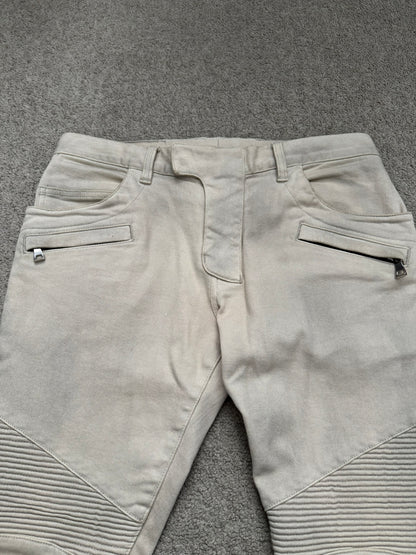 Balmain by Olivier Rousteing Dirty Beige Zip Biker Denim Jeans