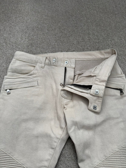 Balmain by Olivier Rousteing Dirty Beige Zip Biker Denim Jeans
