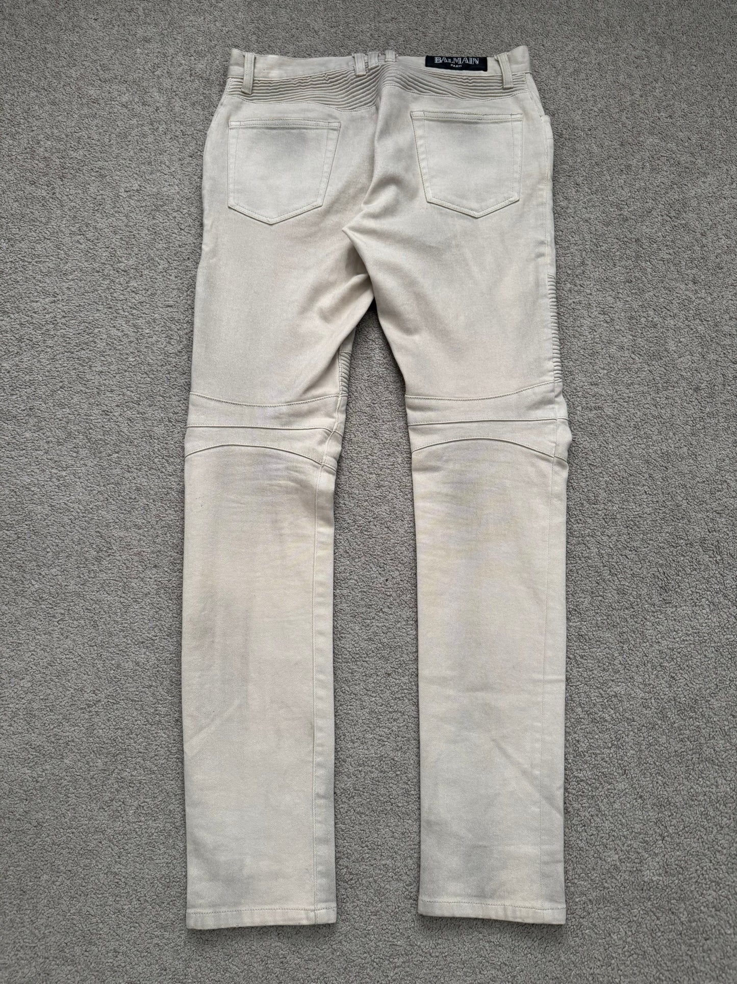 Balmain by Olivier Rousteing Dirty Beige Zip Biker Denim Jeans