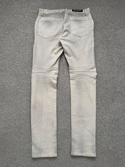 Balmain by Olivier Rousteing Dirty Beige Zip Biker Denim Jeans