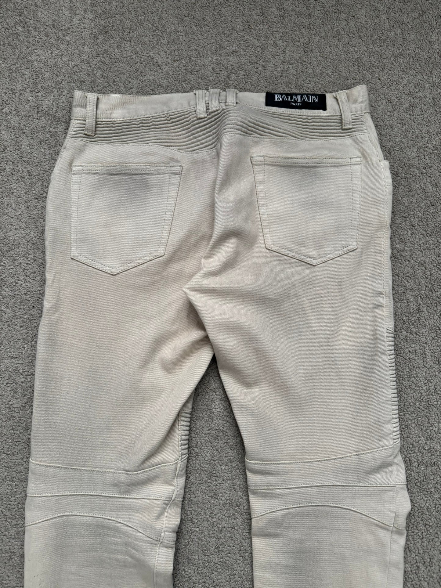 Balmain by Olivier Rousteing Dirty Beige Zip Biker Denim Jeans