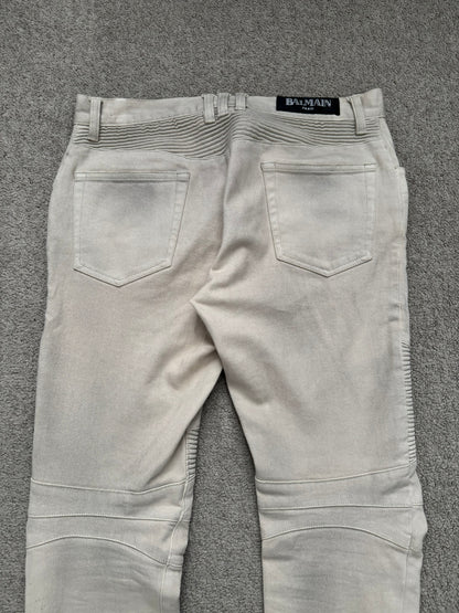 Balmain by Olivier Rousteing Dirty Beige Zip Biker Denim Jeans