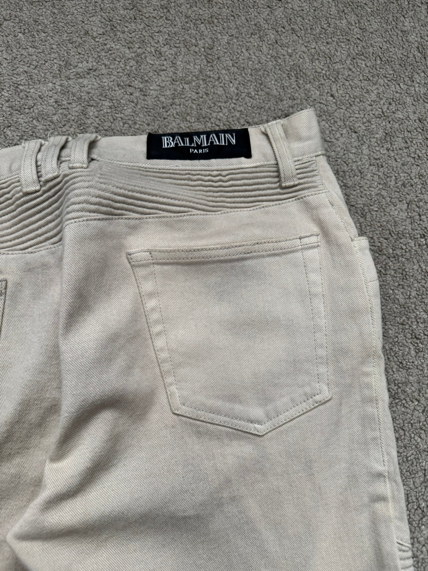 Balmain by Olivier Rousteing Dirty Beige Zip Biker Denim Jeans
