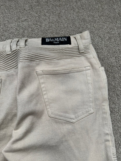 Balmain by Olivier Rousteing Dirty Beige Zip Biker Denim Jeans