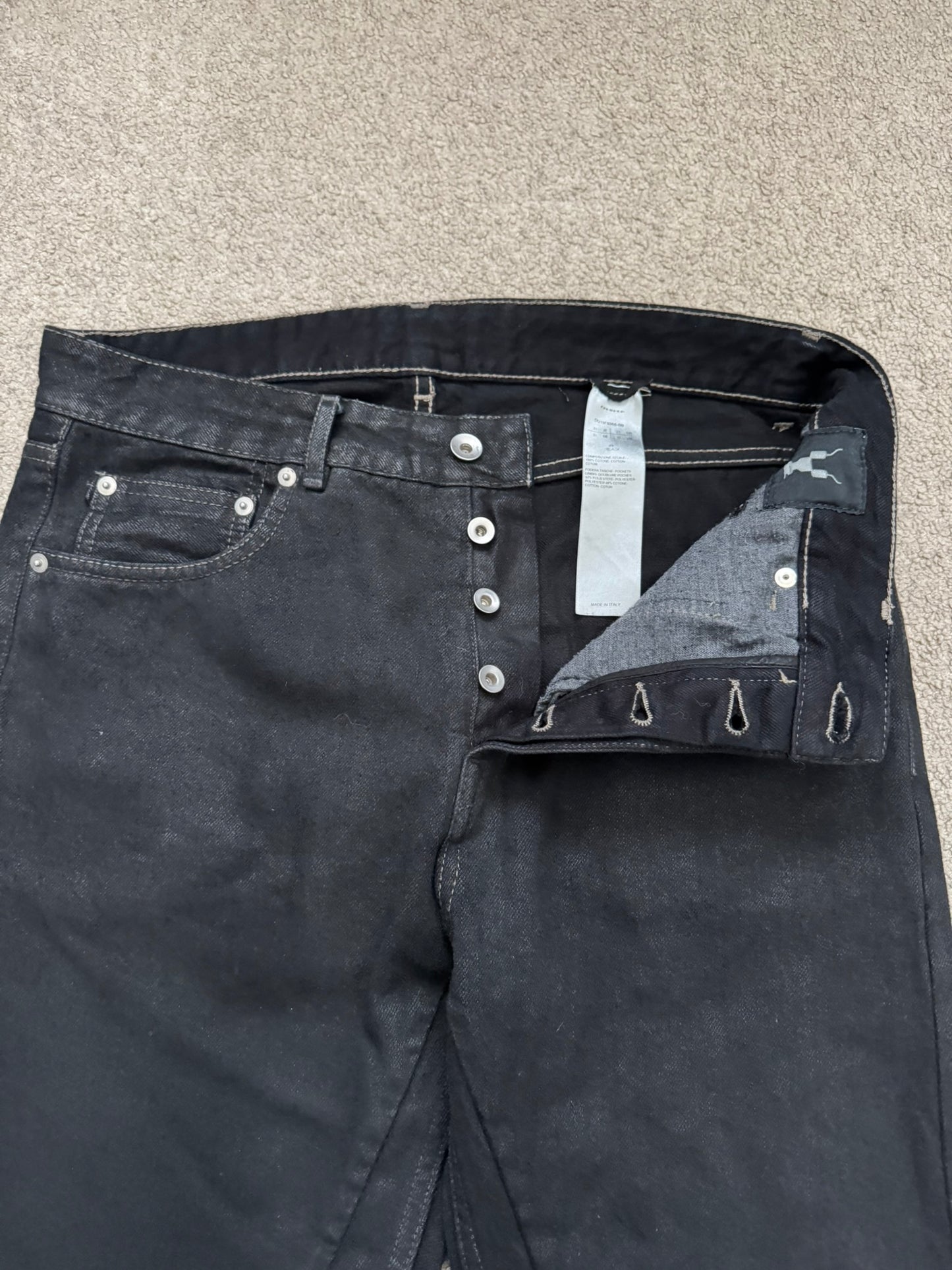 FW19 Rick Owens DRKSHDW Black Waxed Detroit Cut Denim Jeans