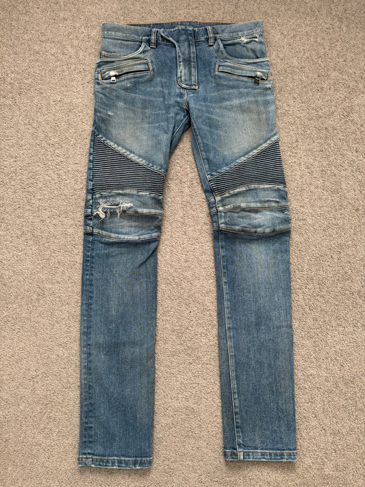 Balmain by Olivier Rousteing Washed Zip Biker Denim Jeans