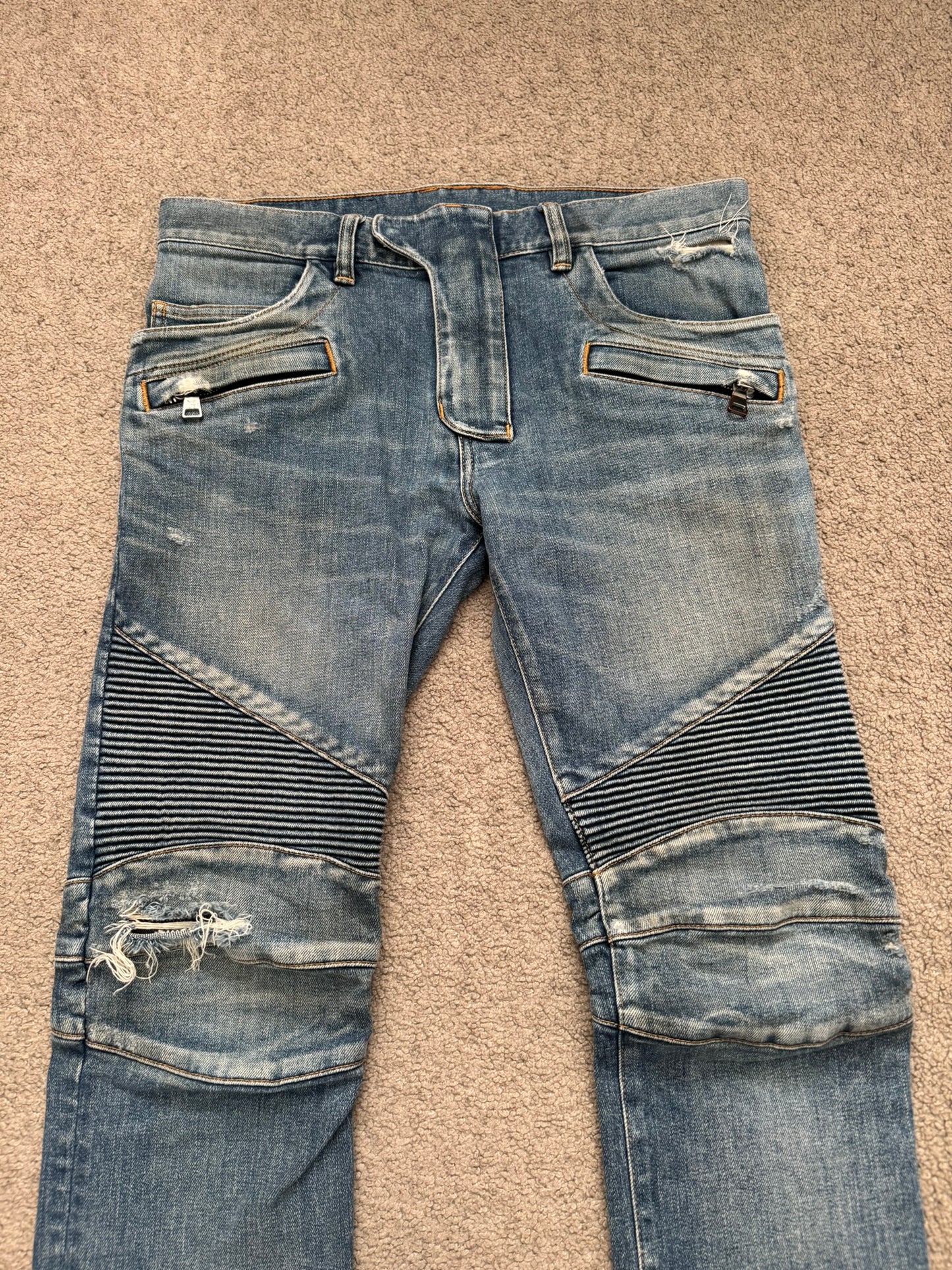 Balmain by Olivier Rousteing Washed Zip Biker Denim Jeans