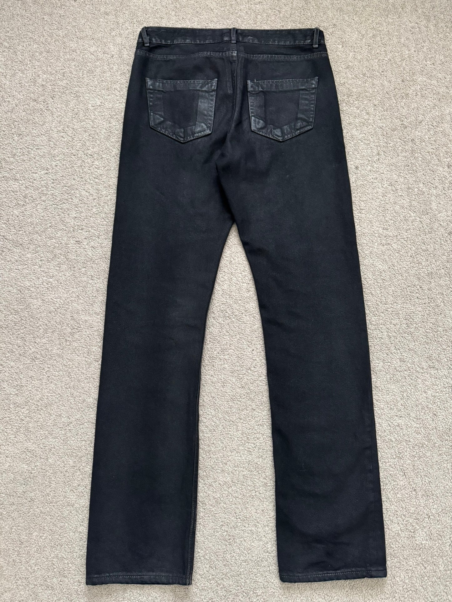 FW19 Rick Owens DRKSHDW Black Waxed Detroit Cut Denim Jeans