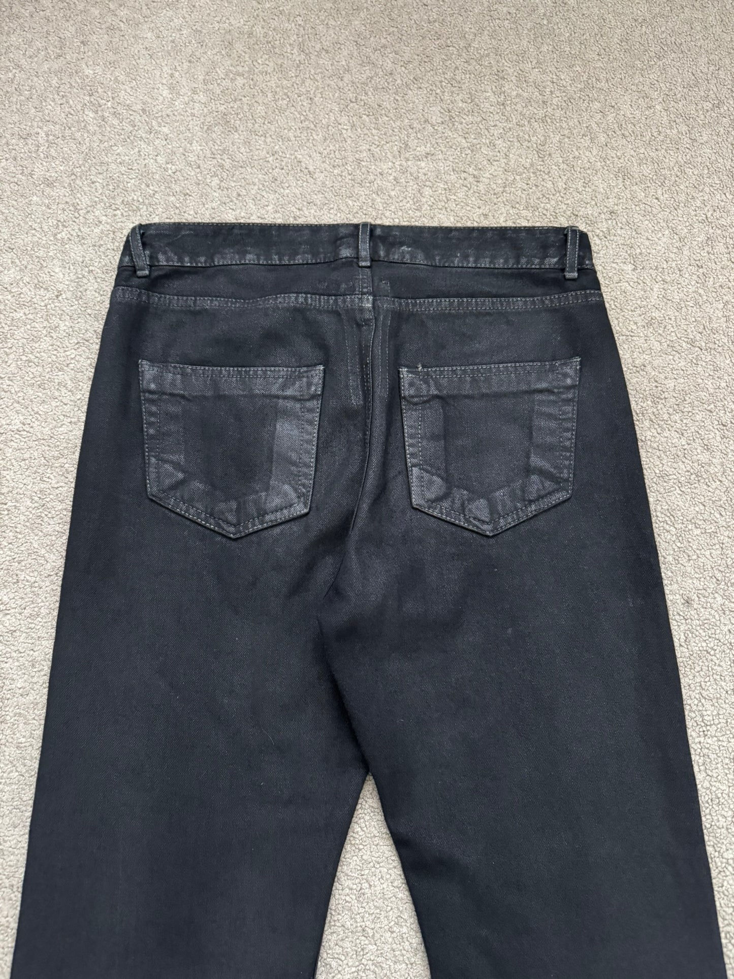 FW19 Rick Owens DRKSHDW Black Waxed Detroit Cut Denim Jeans