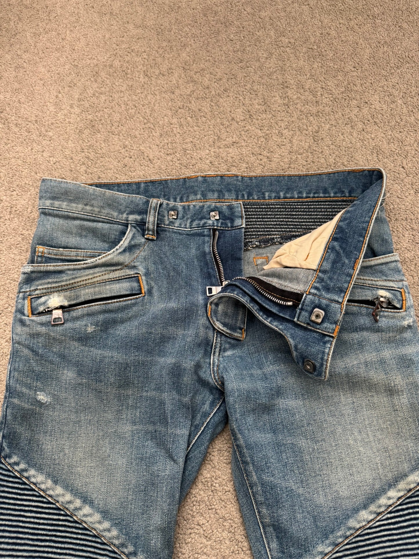 Balmain by Olivier Rousteing Washed Zip Biker Denim Jeans