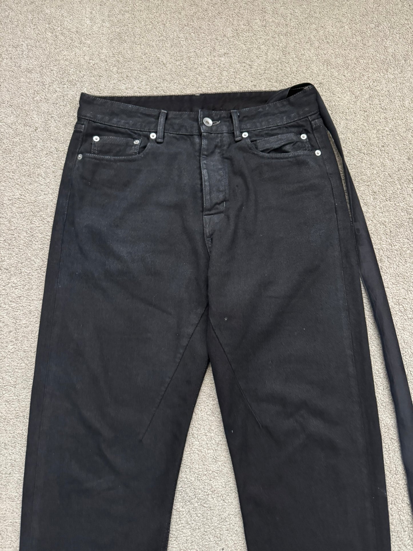 FW22 Rick Owens DRKSHDW Black Waxed Performa Cut Denim Jeans