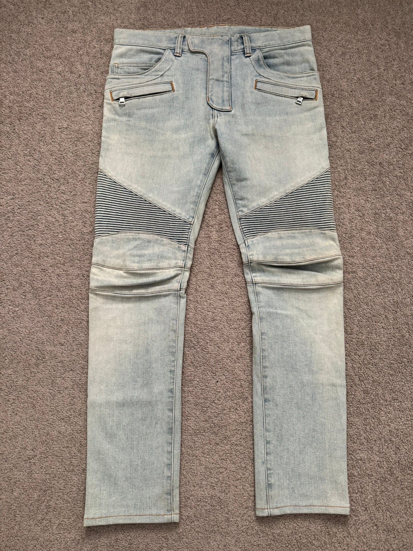 SS16 Balmain by Olivier Rousteing Lightwash Zip Biker Denim Jeans