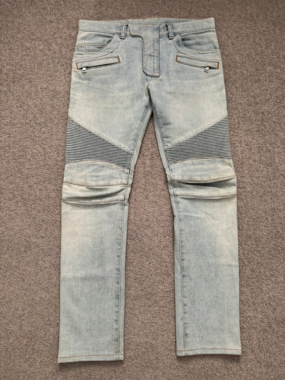 SS16 Balmain by Olivier Rousteing Lightwash Zip Biker Denim Jeans