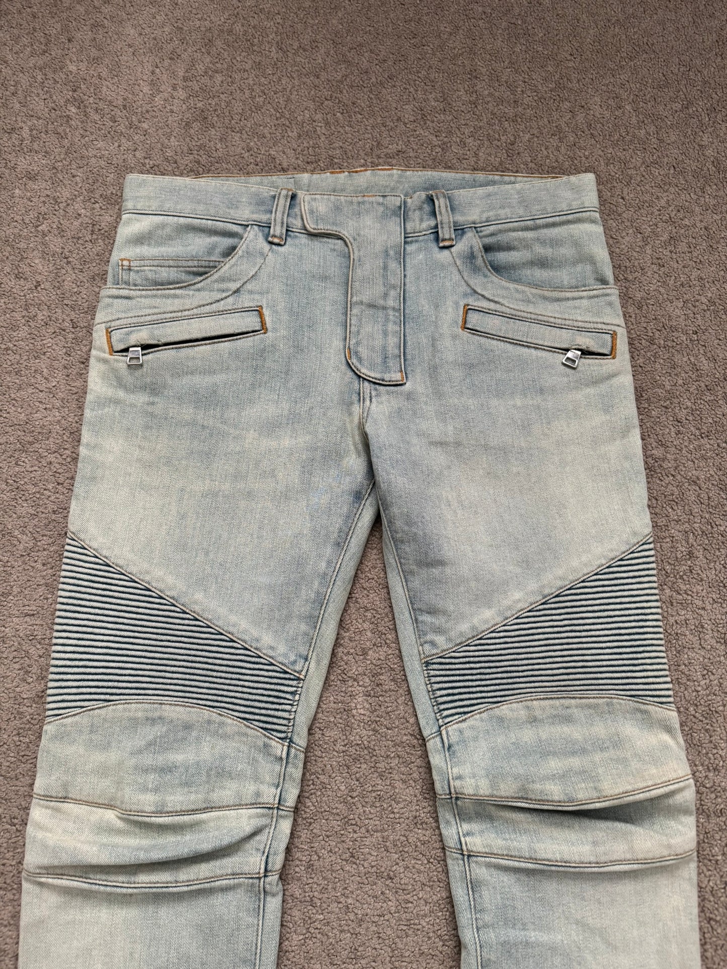 SS16 Balmain by Olivier Rousteing Lightwash Zip Biker Denim Jeans