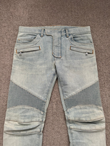 SS16 Balmain by Olivier Rousteing Lightwash Zip Biker Denim Jeans