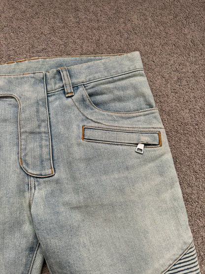 SS16 Balmain by Olivier Rousteing Lightwash Zip Biker Denim Jeans