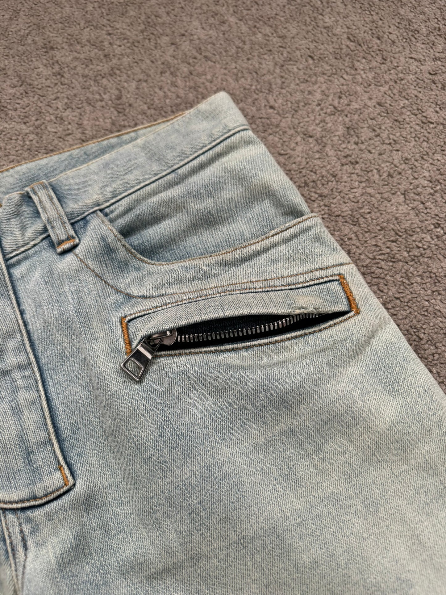 SS16 Balmain by Olivier Rousteing Lightwash Zip Biker Denim Jeans