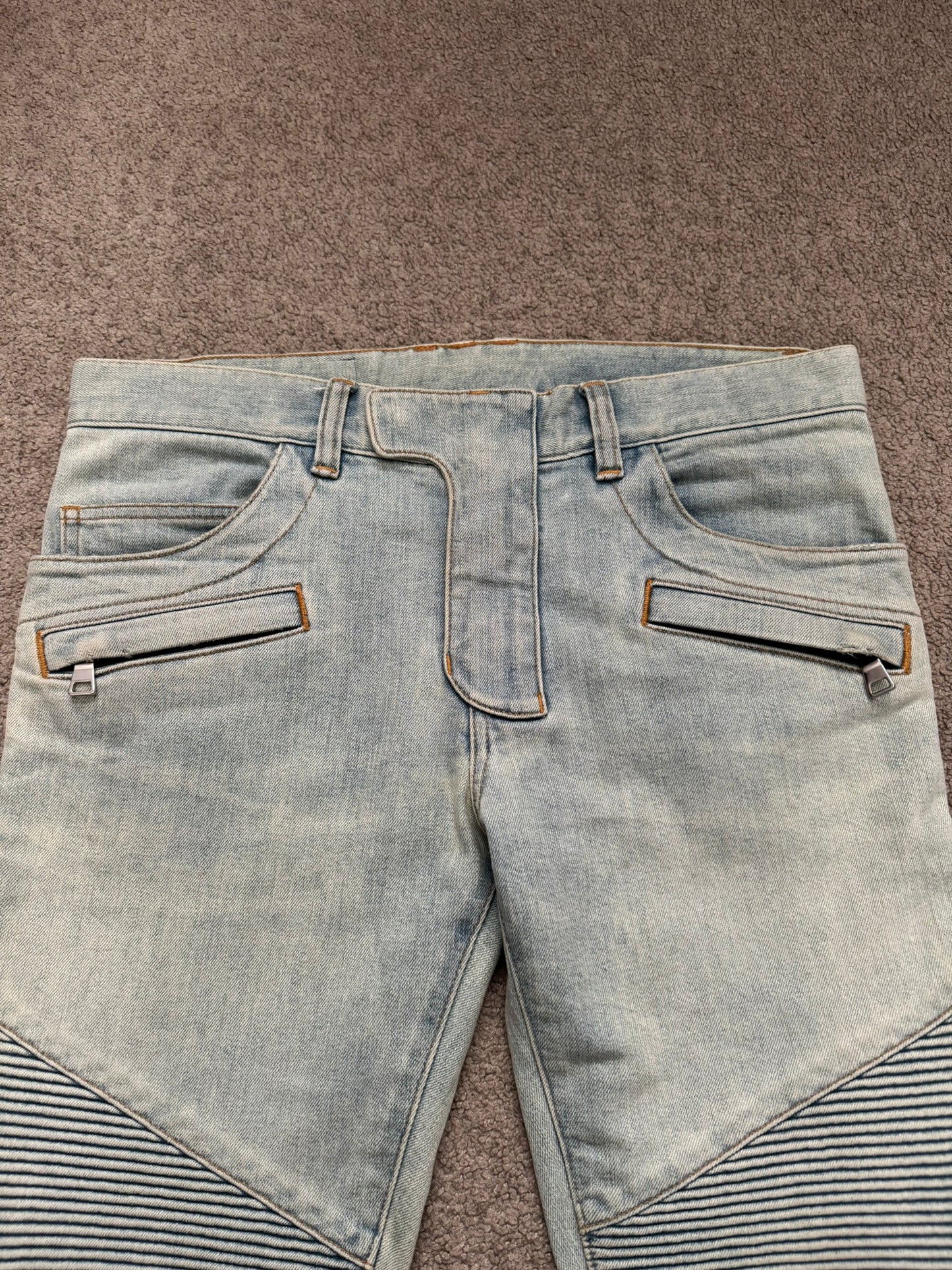 SS16 Balmain by Olivier Rousteing Lightwash Zip Biker Denim Jeans