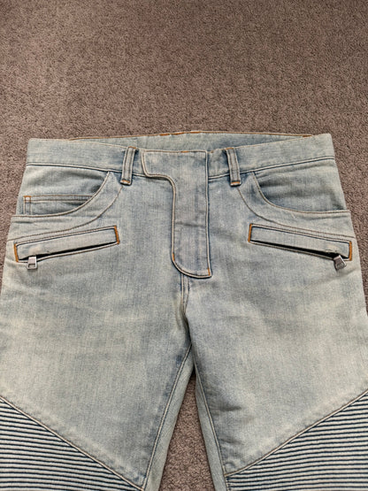 SS16 Balmain by Olivier Rousteing Lightwash Zip Biker Denim Jeans