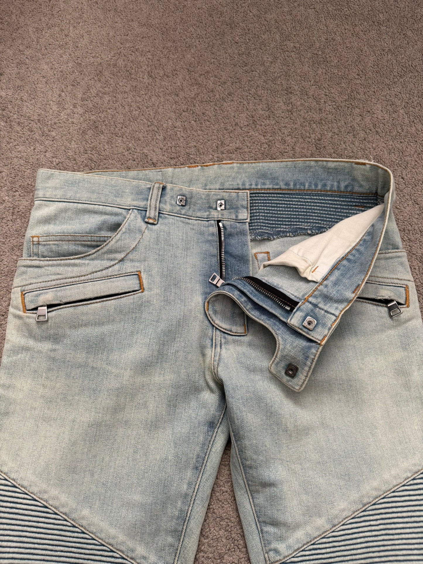 SS16 Balmain by Olivier Rousteing Lightwash Zip Biker Denim Jeans