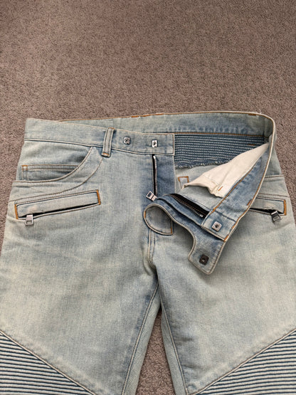 SS16 Balmain by Olivier Rousteing Lightwash Zip Biker Denim Jeans