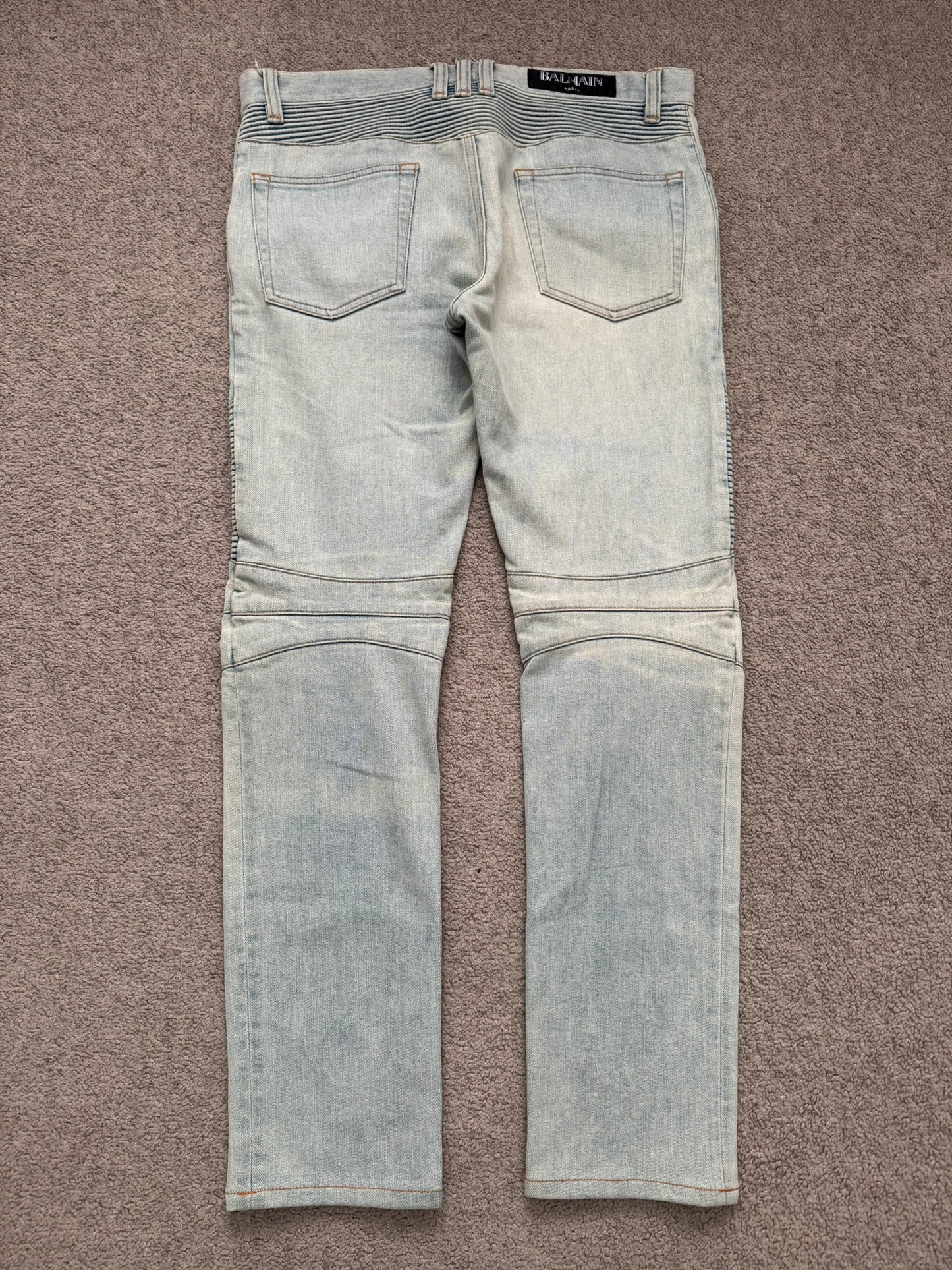 SS16 Balmain by Olivier Rousteing Lightwash Zip Biker Denim Jeans