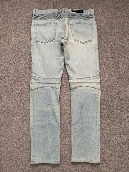 SS16 Balmain by Olivier Rousteing Lightwash Zip Biker Denim Jeans