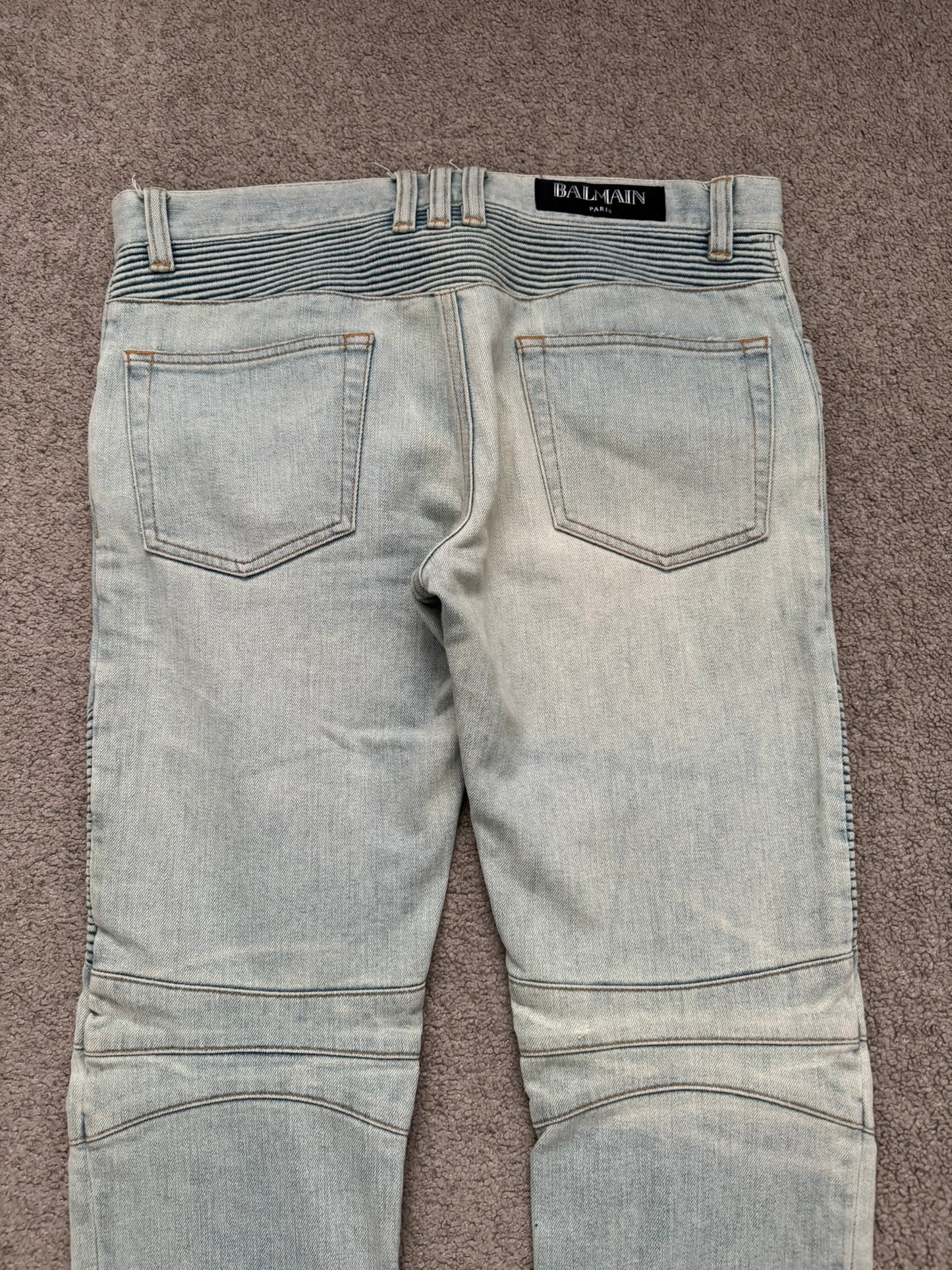 SS16 Balmain by Olivier Rousteing Lightwash Zip Biker Denim Jeans