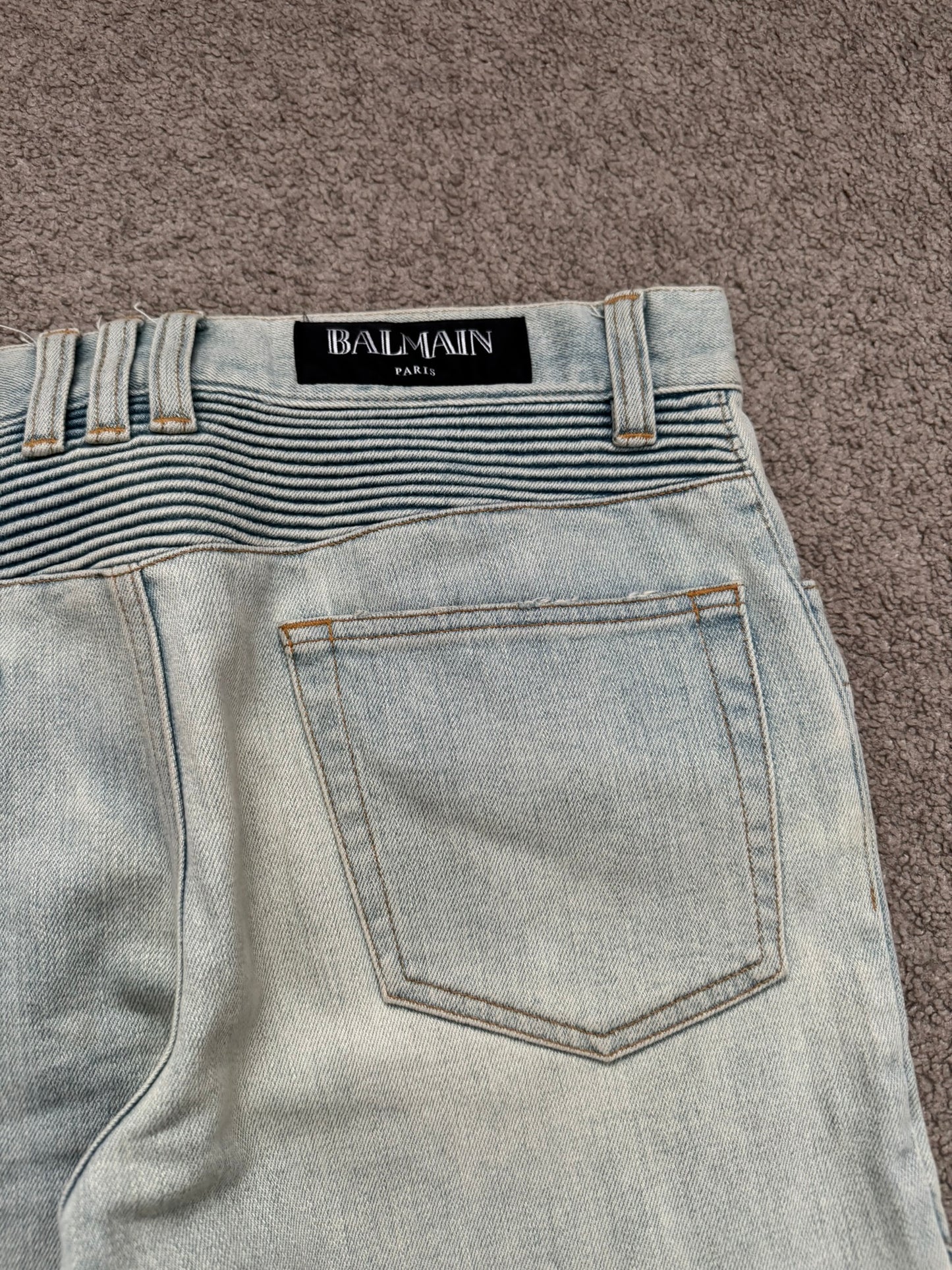 SS16 Balmain by Olivier Rousteing Lightwash Zip Biker Denim Jeans