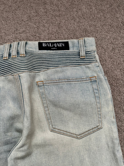 SS16 Balmain by Olivier Rousteing Lightwash Zip Biker Denim Jeans