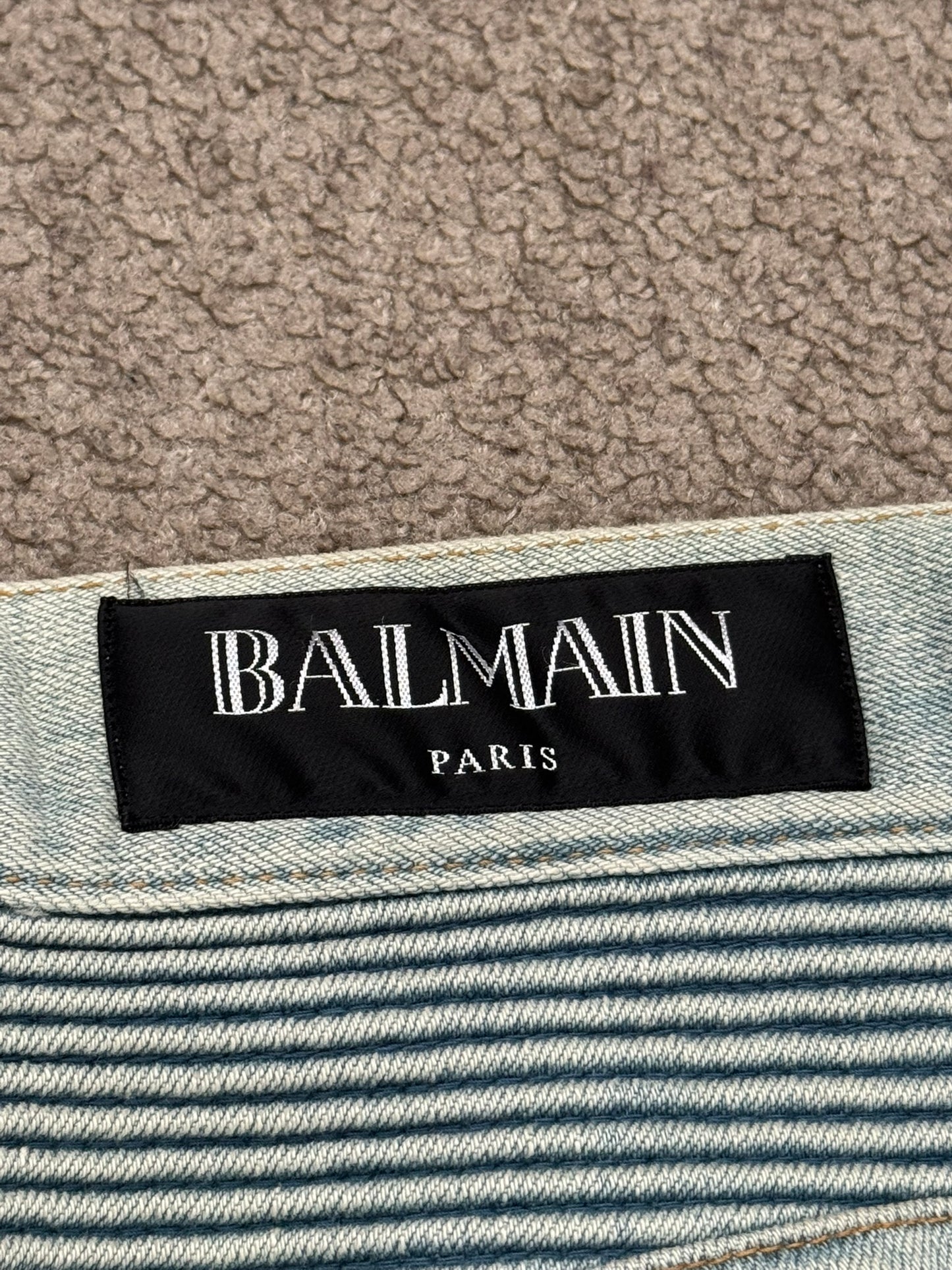 SS16 Balmain by Olivier Rousteing Lightwash Zip Biker Denim Jeans