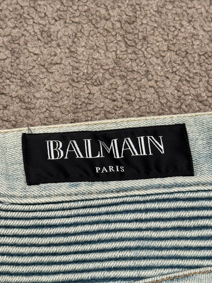 SS16 Balmain by Olivier Rousteing Lightwash Zip Biker Denim Jeans