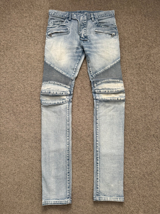 Balmain by Olivier Rousteing Ice Blue Zip Biker Denim Jeans
