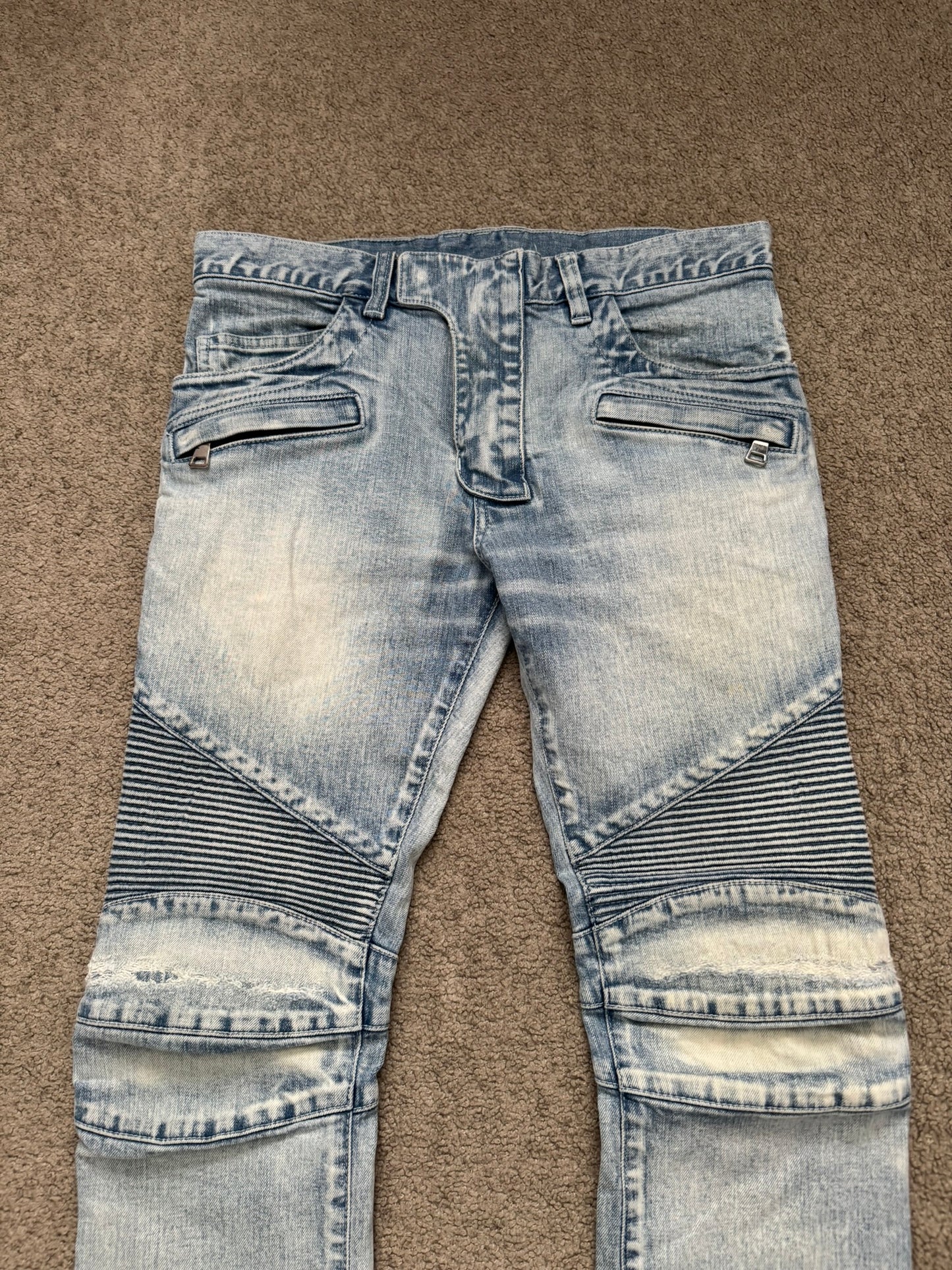 Balmain by Olivier Rousteing Ice Blue Zip Biker Denim Jeans