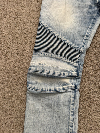 Balmain by Olivier Rousteing Ice Blue Zip Biker Denim Jeans