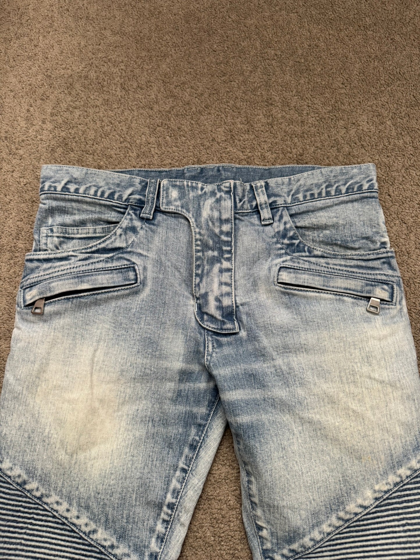 Balmain by Olivier Rousteing Ice Blue Zip Biker Denim Jeans