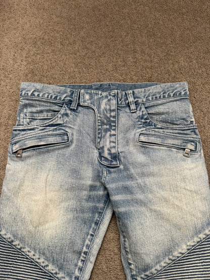 Balmain by Olivier Rousteing Ice Blue Zip Biker Denim Jeans