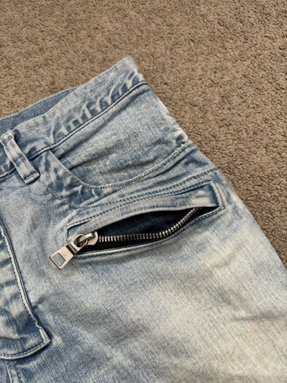 Balmain by Olivier Rousteing Ice Blue Zip Biker Denim Jeans