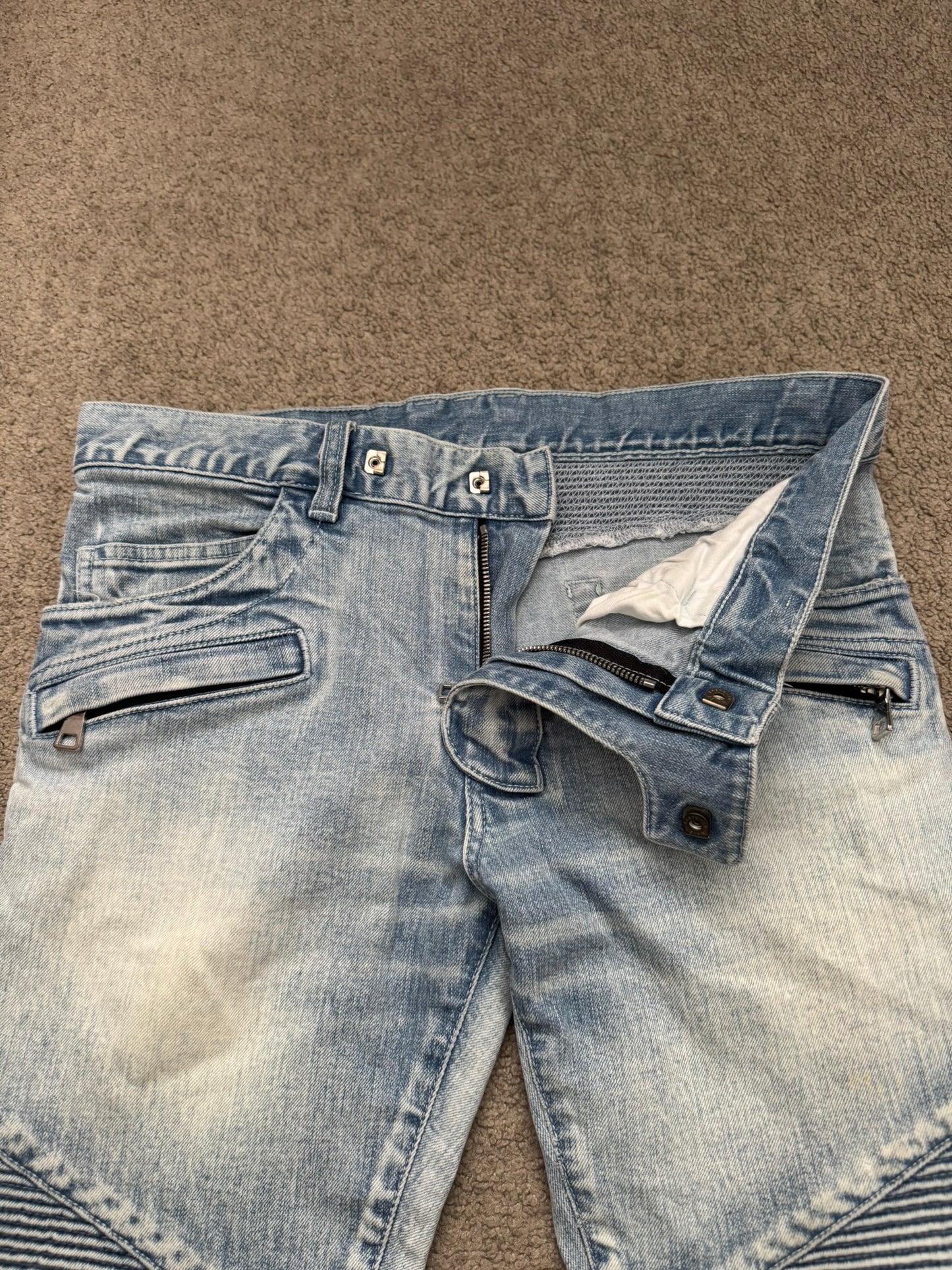 Balmain by Olivier Rousteing Ice Blue Zip Biker Denim Jeans