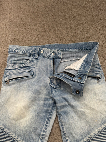Balmain by Olivier Rousteing Ice Blue Zip Biker Denim Jeans